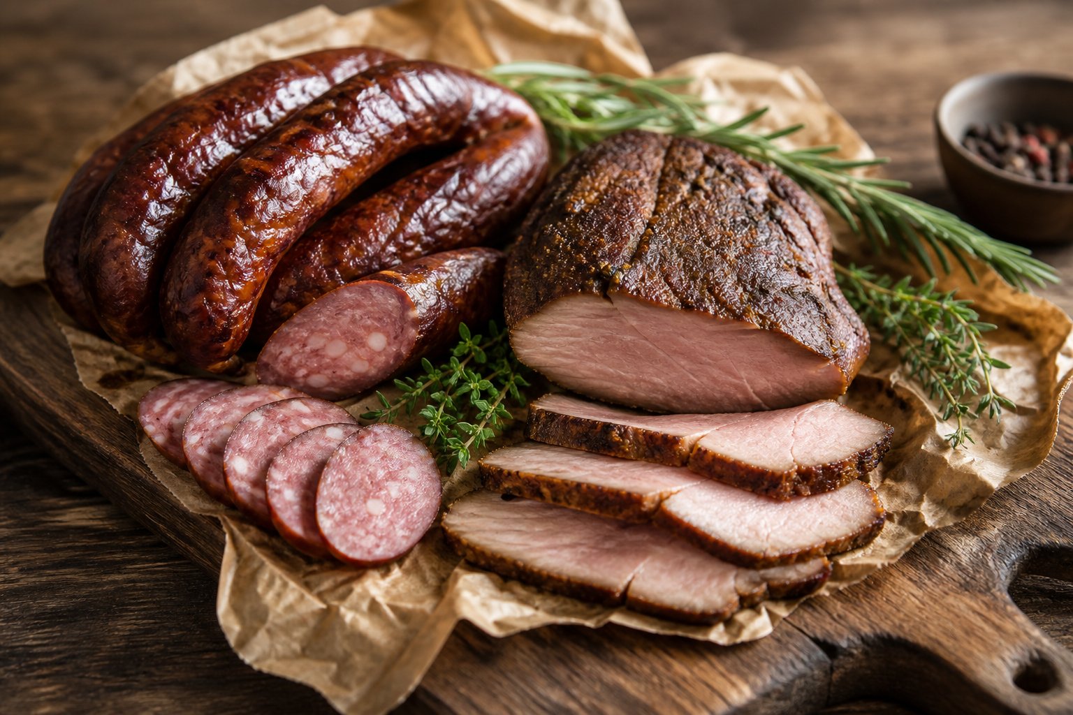 Smoked products arranged on a wooden serving board