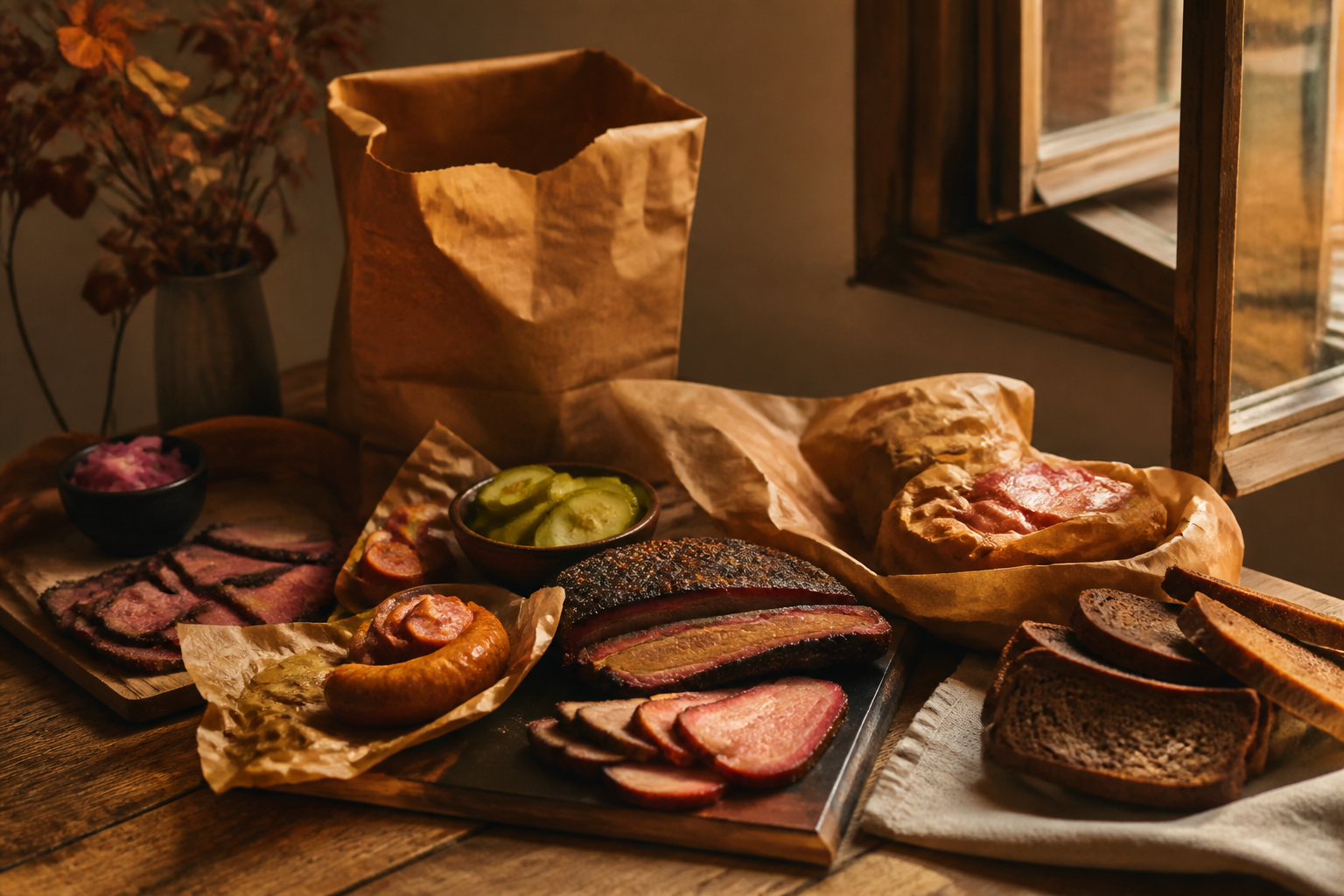 Smoked products arranged on a wooden serving board